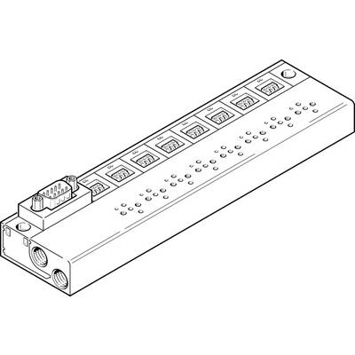 Zeichnung einer elektrischen Steckdosenleiste mit sieben Steckplätzen und einem Schalter. Oben ist eine serielle Anschlussbuchse sichtbar.