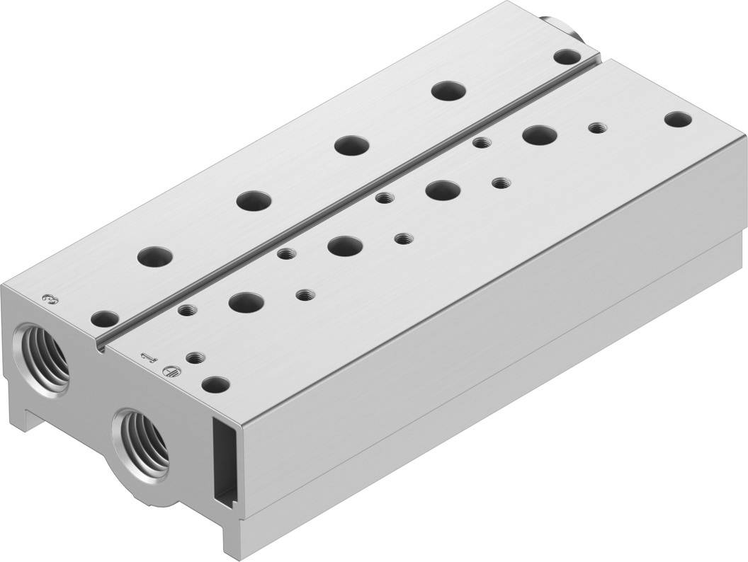 Ein rechteckiger, silberner Metallblock mit mehreren symmetrischen Löchern und zwei Gewindeöffnungen an der Seite.