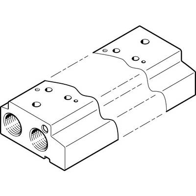 Technische Zeichnung eines rechteckigen Maschinenbauteils mit Bohrungen und einem abgestuften Design.