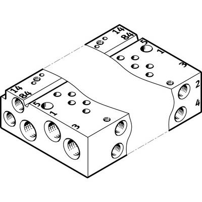 Ein isometrisches Diagramm eines Maschinenbauteils mit nummerierten Bohrungen und schraffierten Schnittflächen, darstellend.