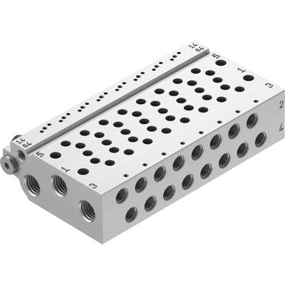 Metallisches Ventilgehäuse mit mehreren Anschlussöffnungen und Beschriftungen an der Oberfläche, eingesetzt in hydraulischen Systemen.