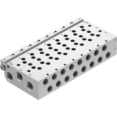 Silberner Ventilblock mit mehreren Öffnungen und Gewindebohrungen, zur Steuerung von pneumatischen Systemen.