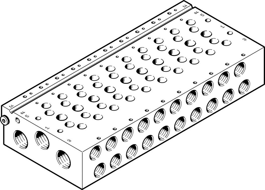 Ein rechteckiger Metallblock mit mehreren seitlichen Öffnungen und einer Oberseite mit abgerundeten Erhebungen.