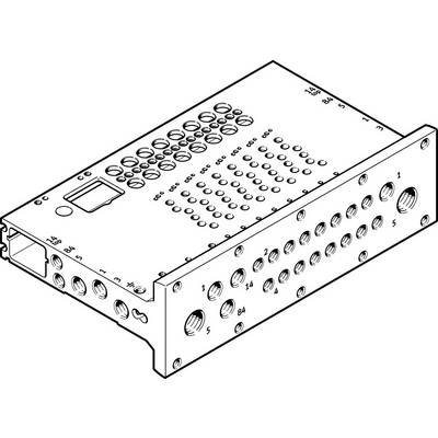 Ein technisches Diagramm zeigt eine rechteckige Metallplatte mit mehreren Bohrungen und Beschriftungen, zur Verbindung oder Montage in einer Maschine.