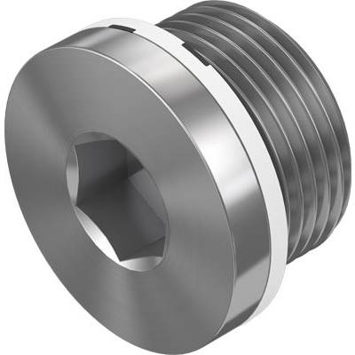 Ein zylindrischer Schraubverschluss aus Metall mit Innensechskantantrieb und Außengewinde.