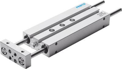 Ein rechteckiger pneumatischer Linearzylinder mit zwei parallelen Stangen, verwendet in automatisierten Systemen zur präzisen Bewegungskontrolle.