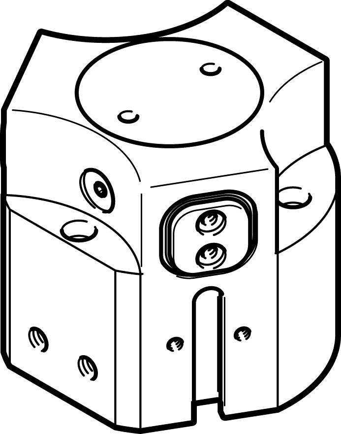 Diagramm eines sechseckigen Mechanikteils mit abgerundeten Ecken und mehreren Löchern, wahrscheinlich für industrielle Anwendungen.