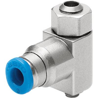 Ein silbernes Metallanschlussstück mit einem blauen Kunststoffring, das zur Verbindung von Schläuchen in Pneumatiksystemen verwendet wird.
