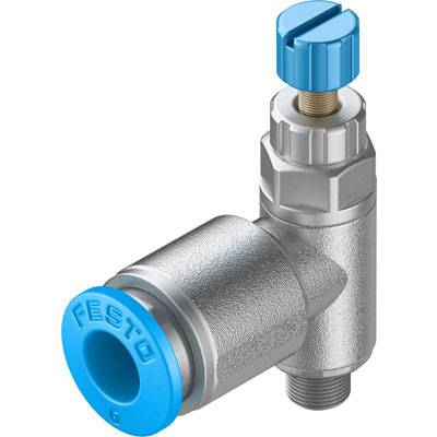Ein pneumatisches Winkel-Einstellventil mit blauen Kunststoffkomponenten und silbernem Metallgehäuse, Produkt von Festo.