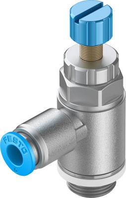 Ein pneumatisches Druckregelventil mit blauer Rändelschraube und seitlichem Auslass. Gehäuse aus Metall, Anschluss beschriftet mit 'Festo'.