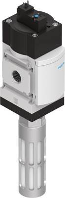 Ein weiß-schwarzer industrieller Filter mit zylindrischem Gehäuse und schwarzem Anschlussblock. Einsatz in pneumatischen Systemen.