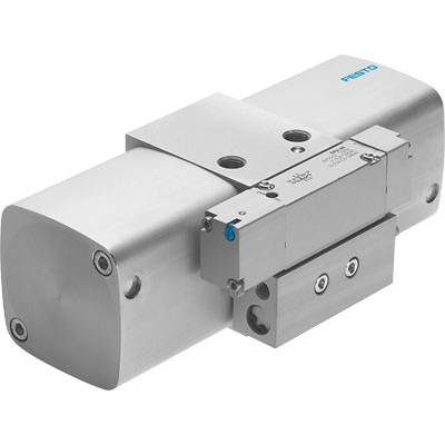 Ein silbernes, zylinderförmiges pneumatisches Gerät mit rechteckigem Ventilaufsatz, geeignet für die Steuerung in Automatisierungssystemen.