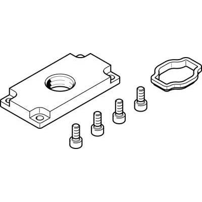 Illustration eines rechteckigen Halters mit zentralem Befestigungsloch, vier Schrauben und einer Dichtung.