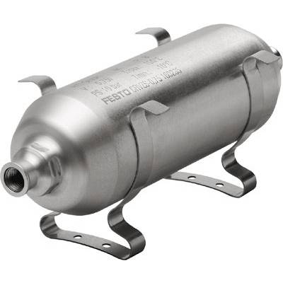 Ein zylindrischer Edelstahltank mit mehreren Befestigungsclips an der Seite; für industrielle Anwendungen.