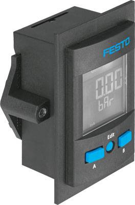 Schwarzes digitales Druckmessgerät von Festo mit blauem Logo, zeigt einen Druckwert in Bar auf einem Display an, mit blauen Tasten unten.