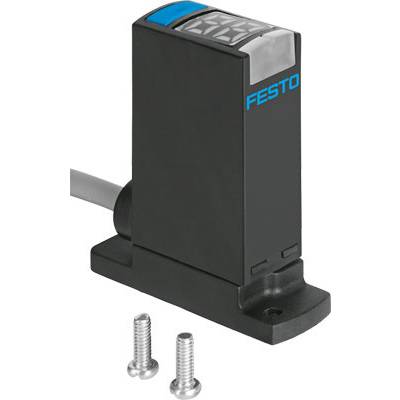 Ein schwarzer Sensor von Festo mit zwei Befestigungsschrauben. Der Sensor hat einen blauen Abschnitt und ist mit einem Kabel verbunden.