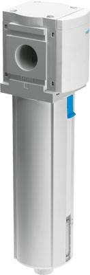 Längliches, silbernes Pneumatikventil mit blauen Details, vermutlich Teil eines industriellen Druckluftsystems.