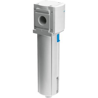 Ein zylindrischer pneumatischer Aktuator mit grauem Gehäuse und blauen Details. Hauptsächlich für industrielle Anwendungen verwendet.