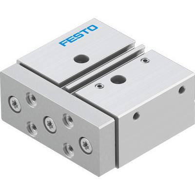 Ein silberner pneumatischer Linearfuß mit blauen 'Festo'-Logo oben. Schraubbefestigungen an den Seiten sichtbar, mechanisches Bauteil.