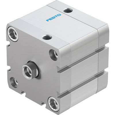 Zylinder einer pneumatischen Vorrichtung mit der Aufschrift 'FESTO' auf der Oberseite, silberfarben aus Metall, mit mehreren Anschlüssen.