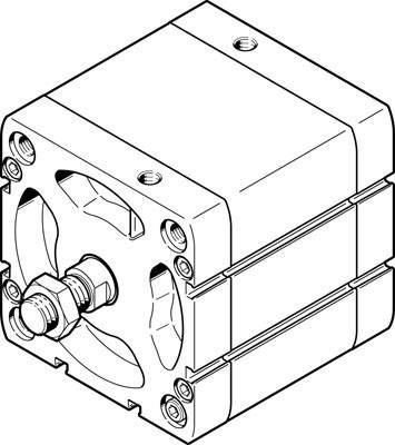 Ein technischer Diagramm einer quadratischen pneumatischen Komponente, die Bolzen und Befestigungselemente zeigt, vermutlich ein Zylinder.