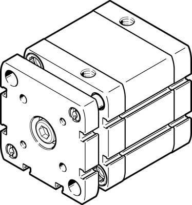 Technische Zeichnung eines kompakten Hydraulikzylinders mit Anschlussöffnungen. Geradlinige Struktur mit symmetrischem Design.
