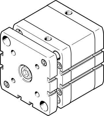 Zeichnung eines rechteckigen mechanischen Bauteils mit mehreren Befestigungslöchern und einem zentralen Sechskantanschluss.