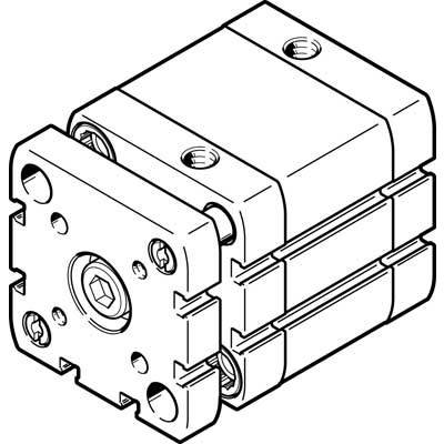 'Schwarz-weiß Zeichnung eines pneumatischen Kompaktzylinders mit quadratischem Gehäuse und mehreren Befestigungspunkten an den Seiten.'