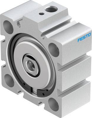 Silberner pneumatischer Zylinderblock von Festo mit kreisförmigen Öffnungen und einem zentralen Rundeinsatz.