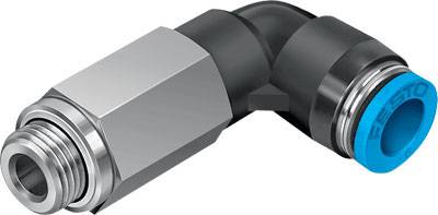 Ein L-förmiger Pneumatik-Steckverbinder mit einem silbernen und einem blauen Ende, das für den Anschluss von Schläuchen verwendet wird.
