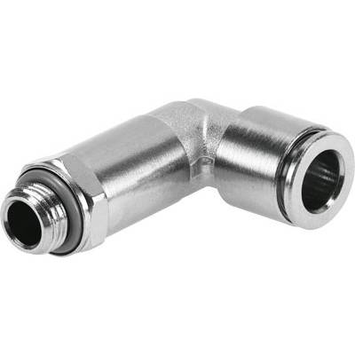 Ein metallener Winkelanschluss mit zwei Enden, geeignet zur Verbindung von Rohren in einer Sanitär- oder Industriemaschine.