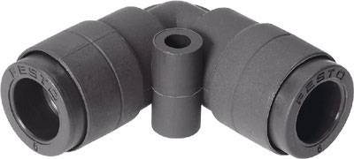 L-förmiges Steckanschlussstück aus Kunststoff. Beidseitige Öffnungen für Rohrverbindungen, verwendet in pneumatischen Systemen.