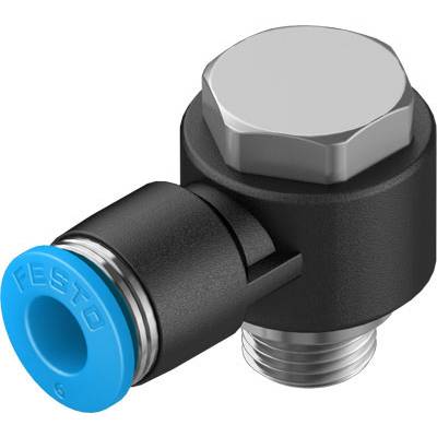 Schwarzes Festo-Ventil mit einer blauen Kappe und verchromtem Gewinde, verwendet zur Steuerung von Luftflüssen in pneumatischen Systemen.