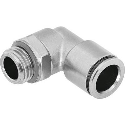 Metallwinkelanschluss für Rohrleitungen aus Edelstahl, mit einem Außengewinde und einer Steckverbindung, geeignet für industrielle Anwendungen.