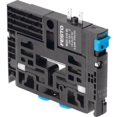Ein rechteckiges elektronisches Bauteil mit der Aufschrift 'FESTO', schwarzer Basis und blauen sowie silbernen Komponenten.
