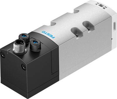 Elektrisches Ventil von Festo, grau mit schwarzem Teil und Kabelanschlüssen. Verwendet in der Pneumatik zur Steuerung von Luftströmen.