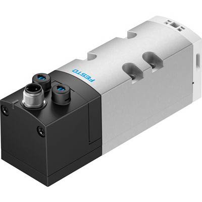 Elektrisches Ventil von Festo, grau mit schwarzem Teil und Kabelanschlüssen. Verwendet in der Pneumatik zur Steuerung von Luftströmen.