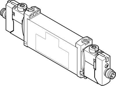 Strichzeichnung eines rechteckigen, technischen Bauteils mit seitlichen Anschlüssen und Schrauben, möglicherweise Teil eines größeren Systems.