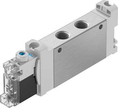 Ein graues, rechteckiges pneumatisches Ventil mit drei Anschlüssen, geeignet für industrielle Anwendungen in Automatisierungssystemen.