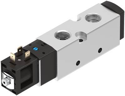 Ein pneumatisches Ventil mit zwei Anschlüssen und drei elektrischen Kontakten, zur Steuerung von Luftströmungen in technischen Anwendungen.