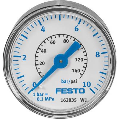 Manometer zeigt Druck in bar und psi. Zeiger steht auf etwa 5,8 bar. Skala von 0 bis 10 bar, Festo-Logo unten.
