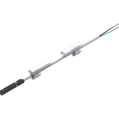 Ein elektronischer Sensorstab mit Kabeln und zwei weißen Halterungen, verwendet zur Positionsmessung in automatisierten Systemen.