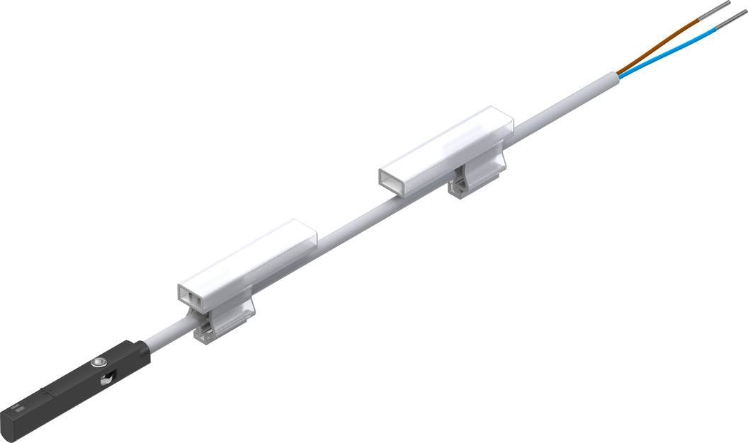 Ein linearer Magnetsensor mit Kabeln, montiert auf einer Schiene. Der Sensor hat ein schwarzes Gehäuse, und es gibt mehrere weiße Clips.