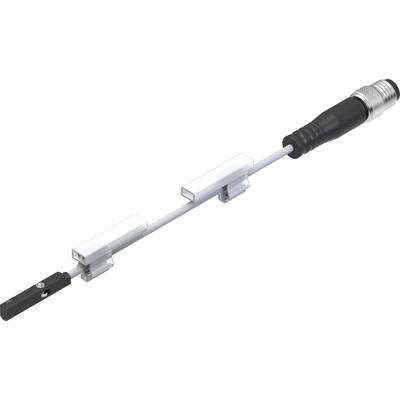 Ein Kabel mit Kunststoffhaltern und Metallstellung, Ende mit einem runden, geriffelten Anschluss. Geeignet für elektronische Verbindungen.
