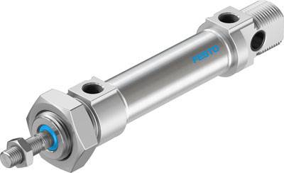 Pneumatischer Zylinder aus Metall, zylindrische Form, silberfarben, mit blauen Akzenten und dem Festo-Logo.