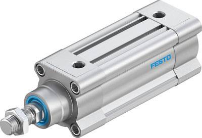 Silberner pneumatischer Zylinder von Festo mit blauer Kennzeichnung, geeignet für industrielle Anwendungen.