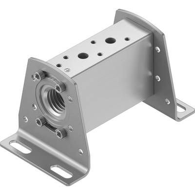 Ein rechteckiger Metallflansch mit mehreren Bohrungen und einem zentralen Gewinde, geeignet für industrielle Anwendungen oder Befestigungen.