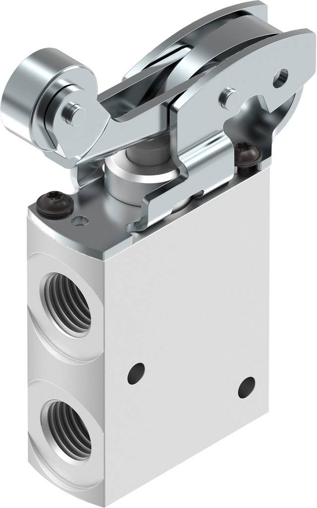 Ein zylindrisches Metallteil mit zwei seitlichen Anschlüssen und beweglichem Scharnierelement oben. Verwendet in mechanischen Anwendungen.