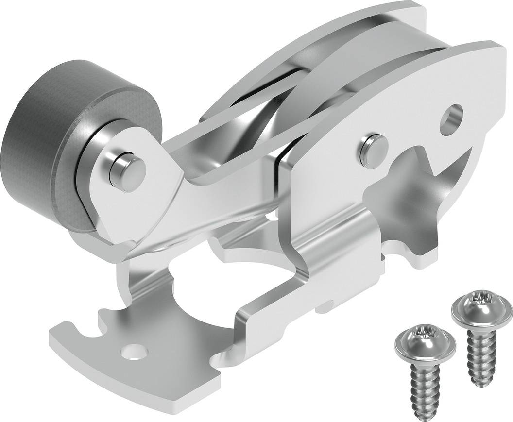 Metallische Scharnierkomponente mit Hebelarm, zylindrischem Anschluss und zwei Befestigungsschrauben; möglicherweise für Möbelmontage geeignet.