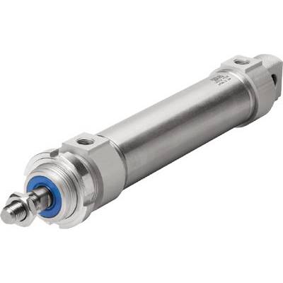 Metallischer Pneumatikzylinder mit blauen Dichtungen, zwei Befestigungsösen an den Enden. Silbern, mechanisches Bauteil.